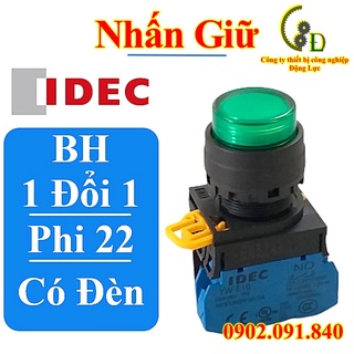 Nút nhấn tự giữ có đèn led phi 22mm 220v IDEC, Công tắc bấm ấn giữ trạng thái đề tủ điện tròn lồi màu xanh YW1L-A2E10QM3