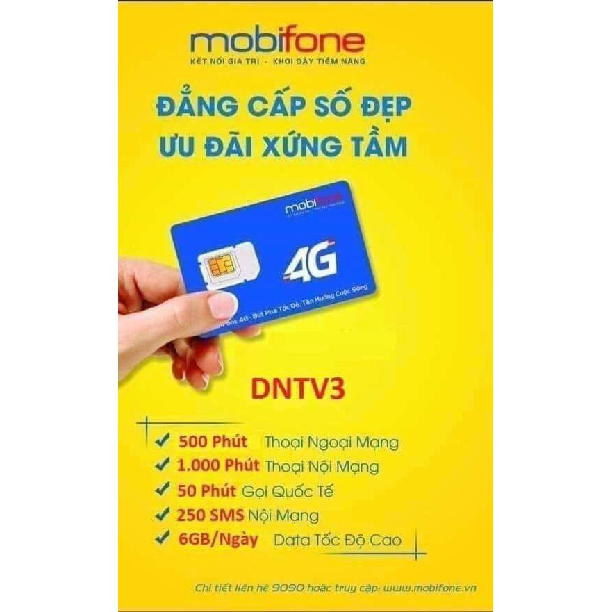 Sim tam hoa 6 nghe gọi tất cả các mạng miễn phí, vào mạng 6gb/ ngày (gói cước DNTV3), chỉ 300k/ tháng