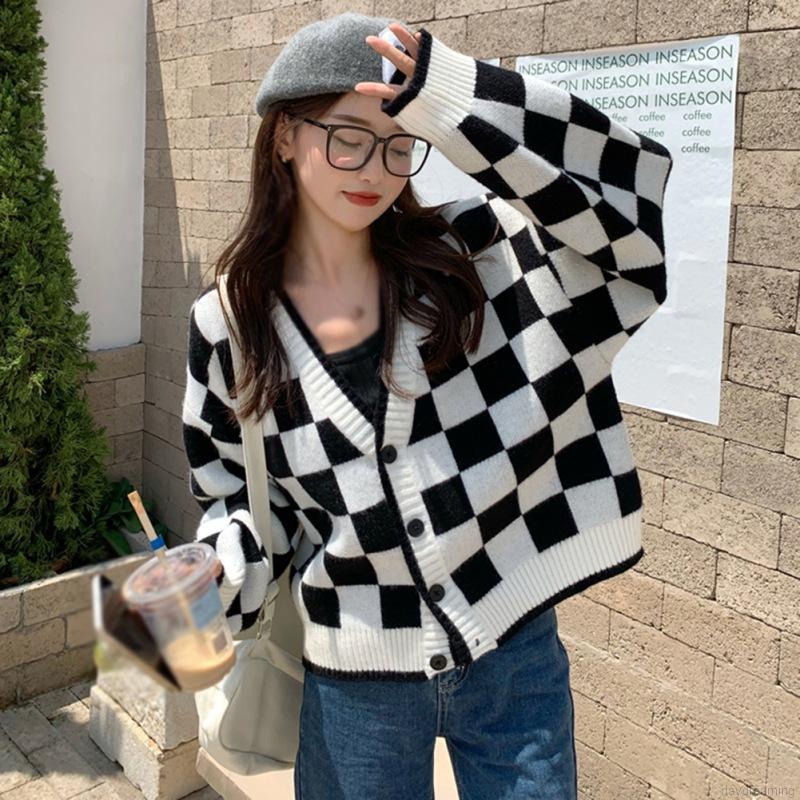 Áo khoác cardigan cổ chữ v họa tiết kẻ sọc caro phong cách Hàn Quốc thời trang
