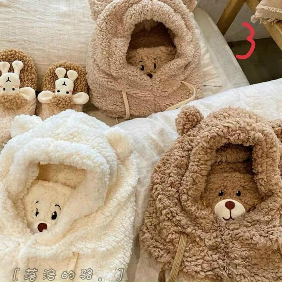 Mũ bông lông cừu tai gấu bịt mặt  kèm khăn quàng cổ phong cách ulzzang Hàn Quốc mùa đông ấm áp