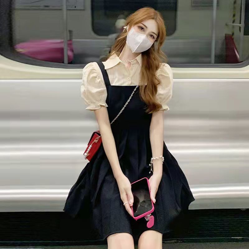 AMOI Đầm Hai Dây Giả Hai Mảnh Phong Cách Hàn Quốc 2022