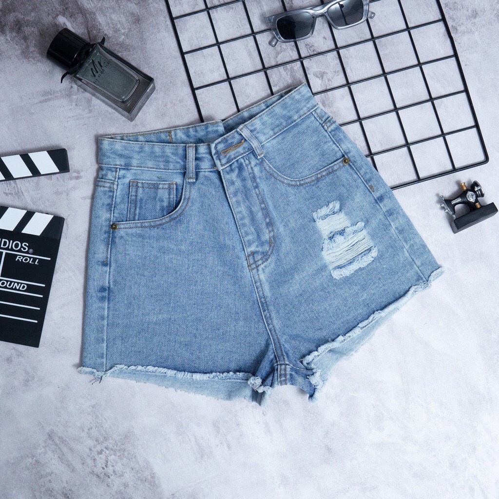 QUẦN SHORT JEAN NỮ THỜI TRANG Quần short jean nữ lưng cao phối rách denim cotton, rin ngắn phối rách
