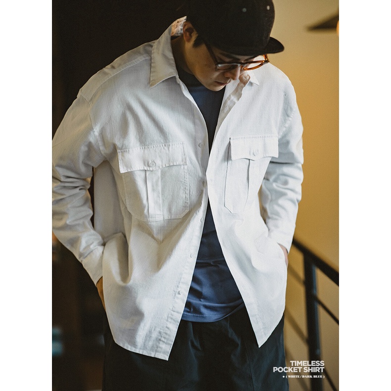 Áo sơ mi MADEN cotton tay dài dáng rộng phối túi phong cách Nhật Bản retro thời trang mới dành cho nam