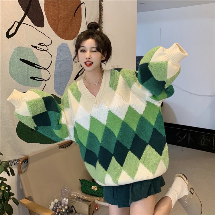 Áo Len Tay Dài Cổ Chữ v Form Rộng Họa Tiết Hình Thoi Phong Cách Hàn Quốc Dễ Phối Đồ
