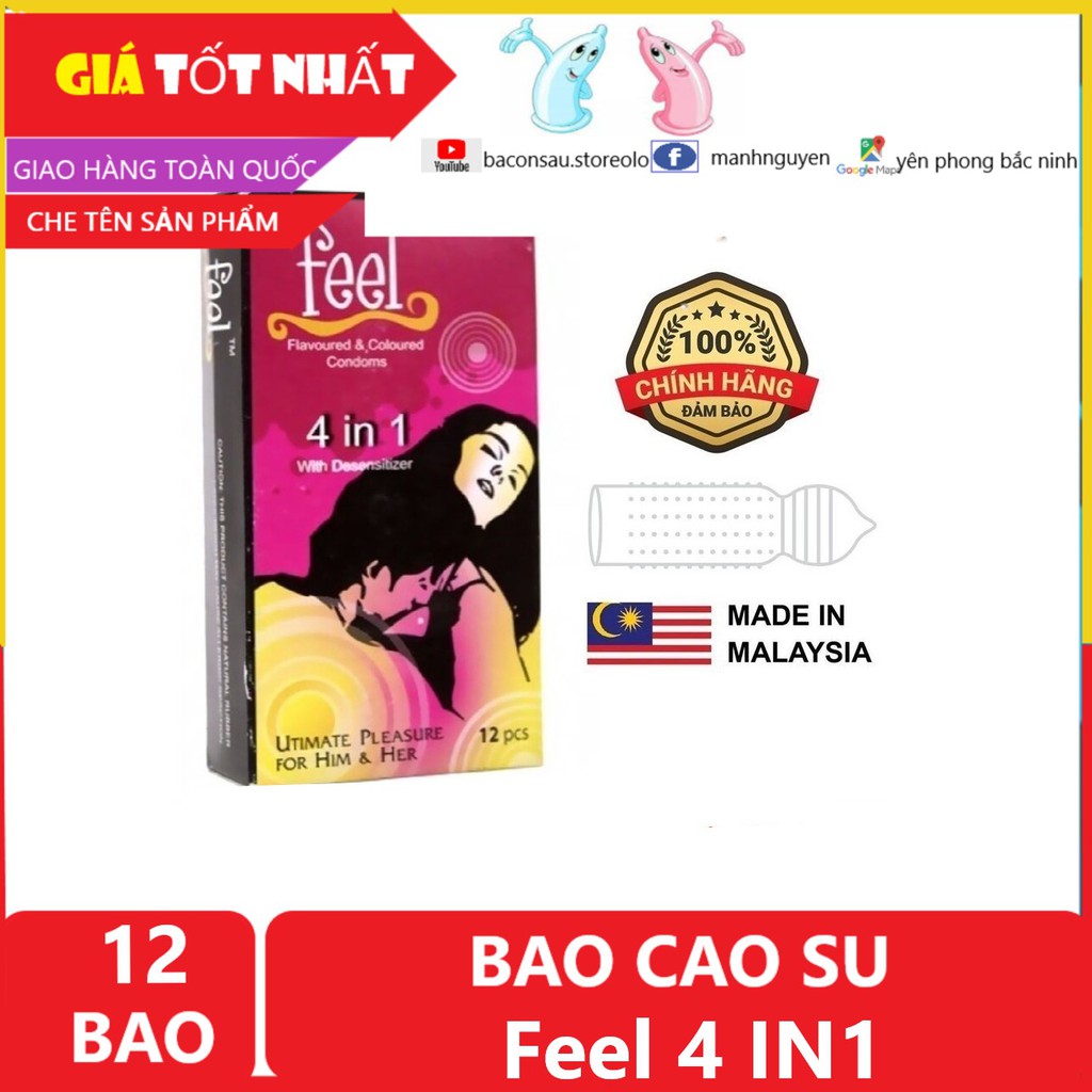 Bao Cao Su Kéo Dài Thời Gian Feel 4 in 1 Malaysia Hộp 12 Bao và Hộp 3 Bao