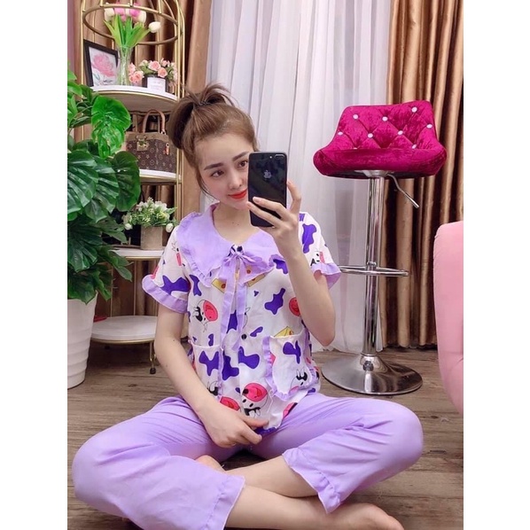 Đồ ngủ mặc nhà thu đông kiểu tiểu thư Pee pee, hoạ tiết bò sữa HOT TREND, chất liệu lụa hàn mềm mịn | BigBuy360 - bigbuy360.vn