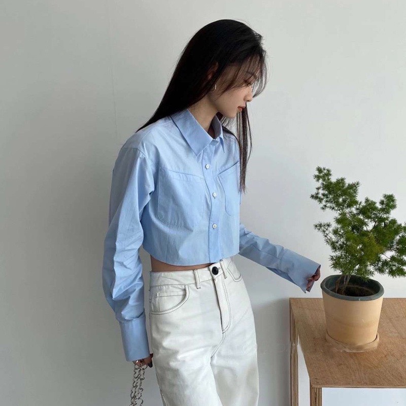 Áo Sơ Mi Nữ Croptop Thiết Kế Dài Tay Form Rộng Phối Túi Ngực Phong Cách Ulzzang Thời Trang Sugal SO MI NU 029V3