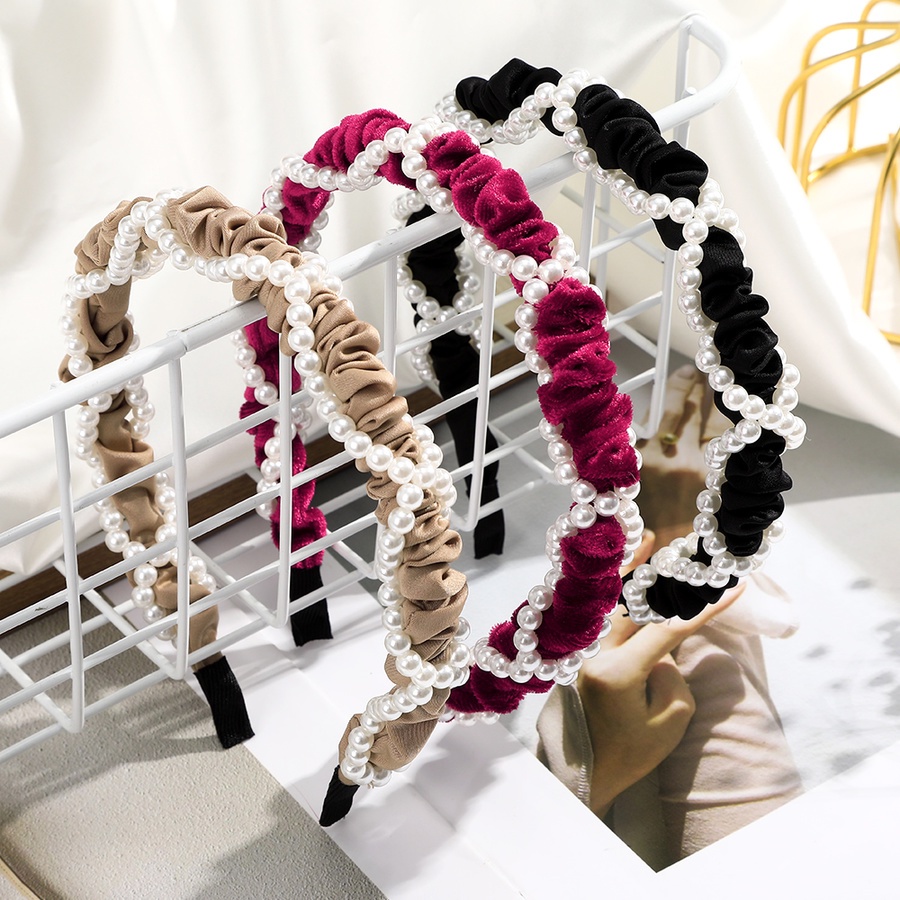 Băng đô cài tóc vải nhung đính hạt ngọc trai nhân tạo phong cách Hàn Quốc mới