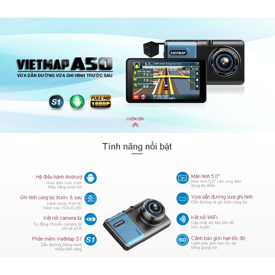 Camera hành trình ô tô Vietmap A50 màn hình 5" - Vừa dẫn đường vừa ghi hình trước sau Full HD
