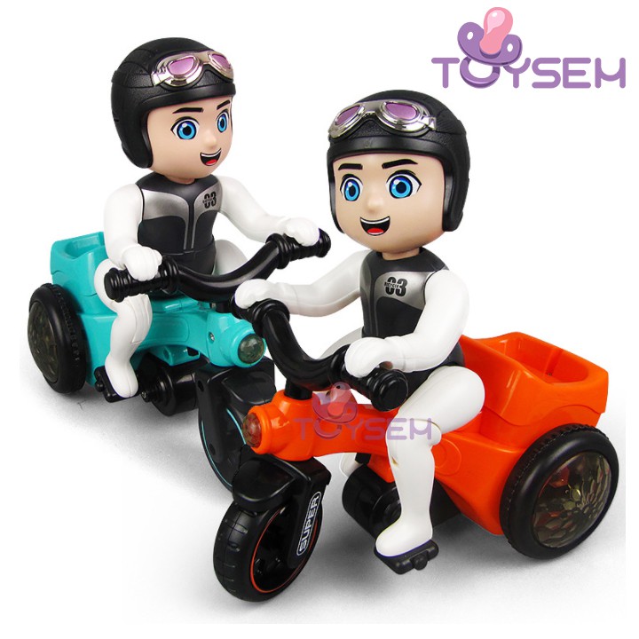 Xe đồ chơi trẻ em bé đi xe đạp xoay 360 độ Toysem có nhạc và đèn sáng 3 màu - Quà tặng sinh nhật, thôi nôi cho bé