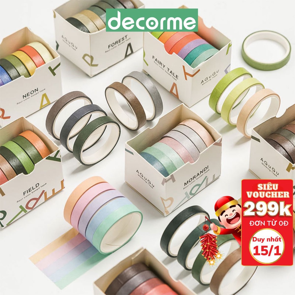 Washi tape trơn màu DecorMe Agugu NBD2 băng dính họa tiết trơn màu pastel retro hộp 7 cuộn