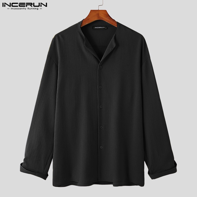 Áo sơ mi INCERUN tay dài cổ chữ V màu trơn có nút cài thời trang cho nam