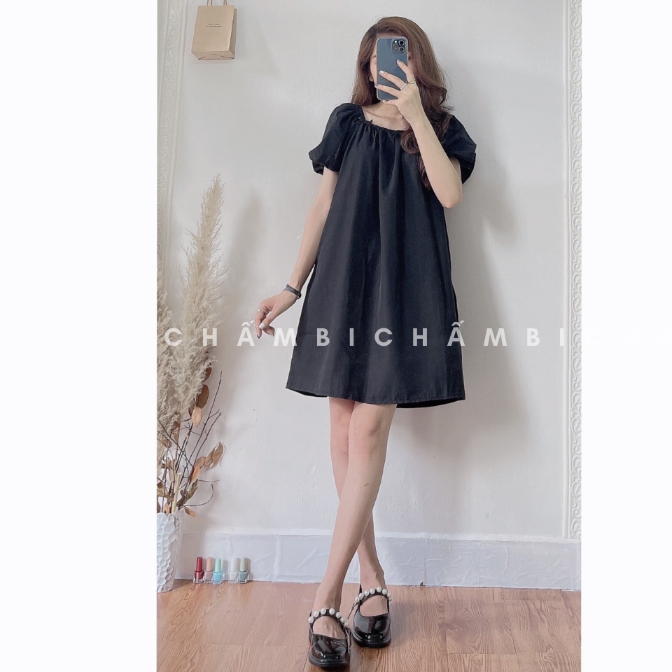 Váy kiểu Hàn Quốc V.083, Váy babydoll dáng ngắn cổ vuông tay bồng buộc nơ lưng hai màu đen hồng | BigBuy360 - bigbuy360.vn