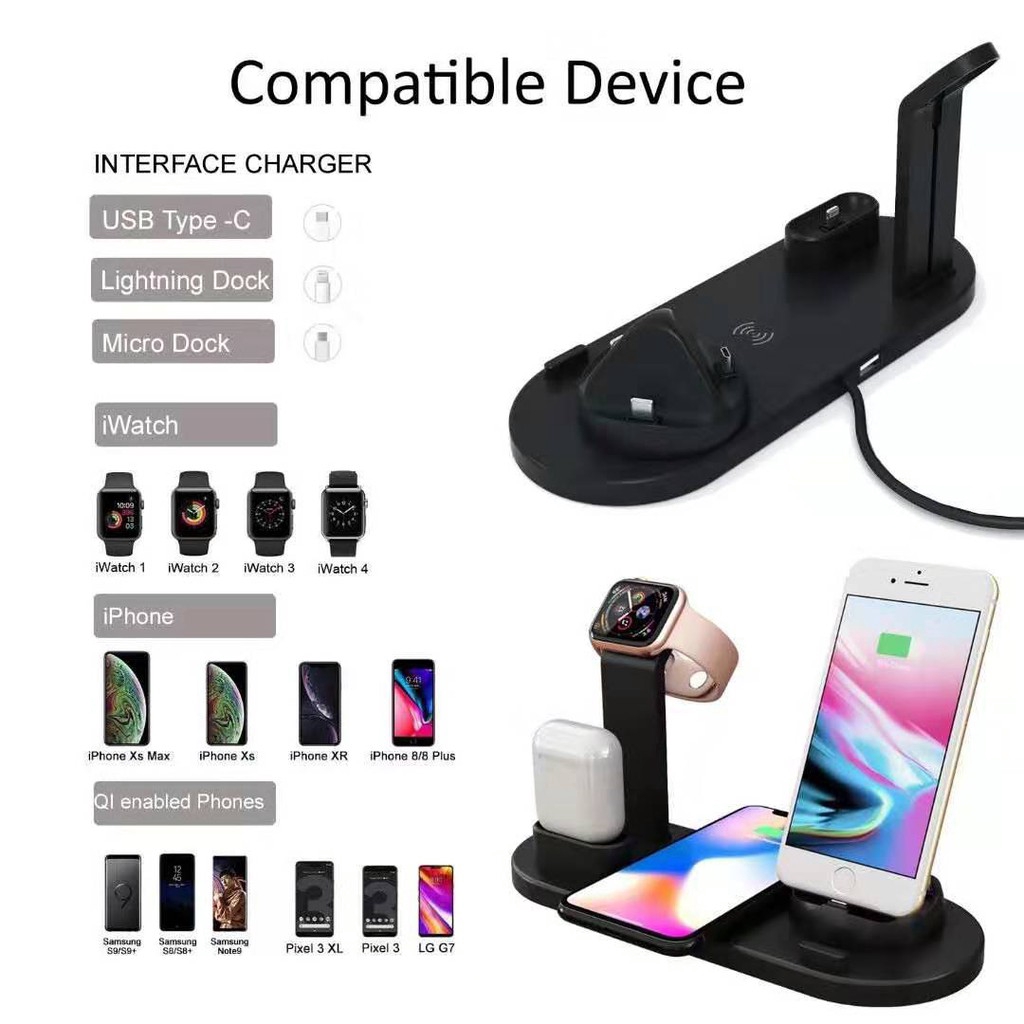 Đế sạc không dây 3 trong 1 đa năng có cổng Lightning / Micro USB / Type-C cho iPHONE iWATCH Airpods HUAWEI XIAOMI OPPO