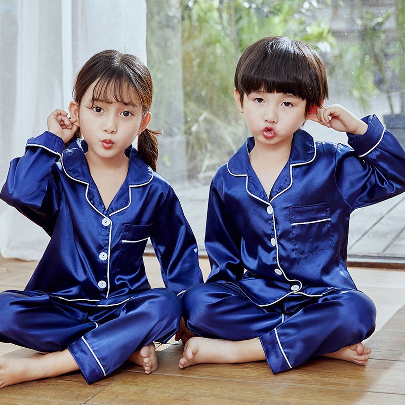 quần thun bé trai▥✗Bộ đồ ngủ trẻ em mùa xuân và hè dài tay lụa giả Pijama cho bé trai gái phong cách mỏng thu m