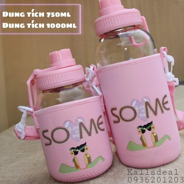 Bình Nước❤️FREESHIP❤️Thủy Tinh Thể Thao 1000ml Có Túi Đựng Bình Nước