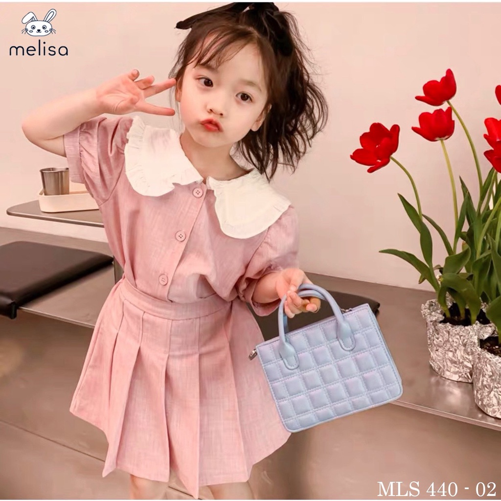 Váy cho bé gái, Sét váy dạ TEX mềm cổ bèo kèm chân váy xếp ly cho bé size 12-33kg