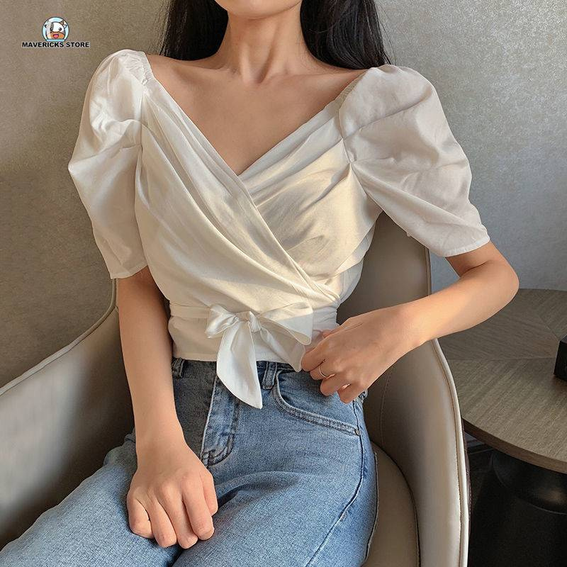 Áo croptop tay phồng cổ chữ v màu trơn thời trang mùa hè cho nữ
