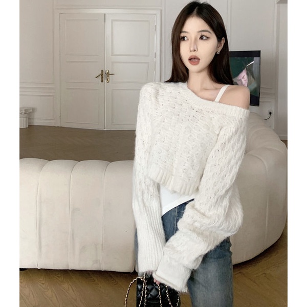 Áo Sweater Dệt Kim Tay Dài Khoét Lỗ Dáng Ngắn + Áo Khoác Sát Nách Thời Trang Thu Đông