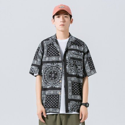 Áo Sơ Mi In Biểu Tượng Bandana Màu Tối Phong Cách Hawaii Cổ Điển Cho Nam