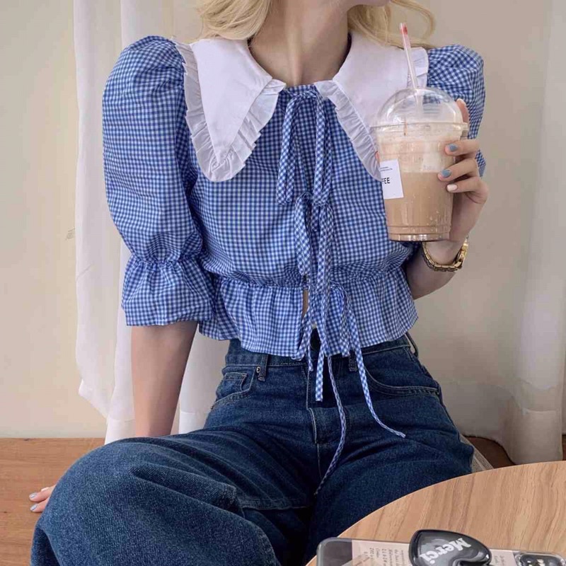 Áo sơ mi croptop tay ngắn cổ bèo kẻ sọc xanh phong cách Hàn Quốc