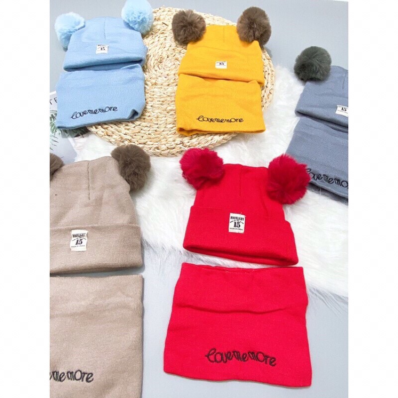 Set mũ kèm khăn len quả bông dày cho bé