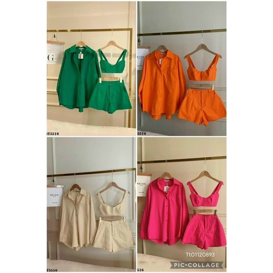 Set kaki 3 món áo croptop 2 dây + khoác sơmi + quần short ngắn kem/xanh/cam/hồng, thời trang năng động đi chơi dạo phố