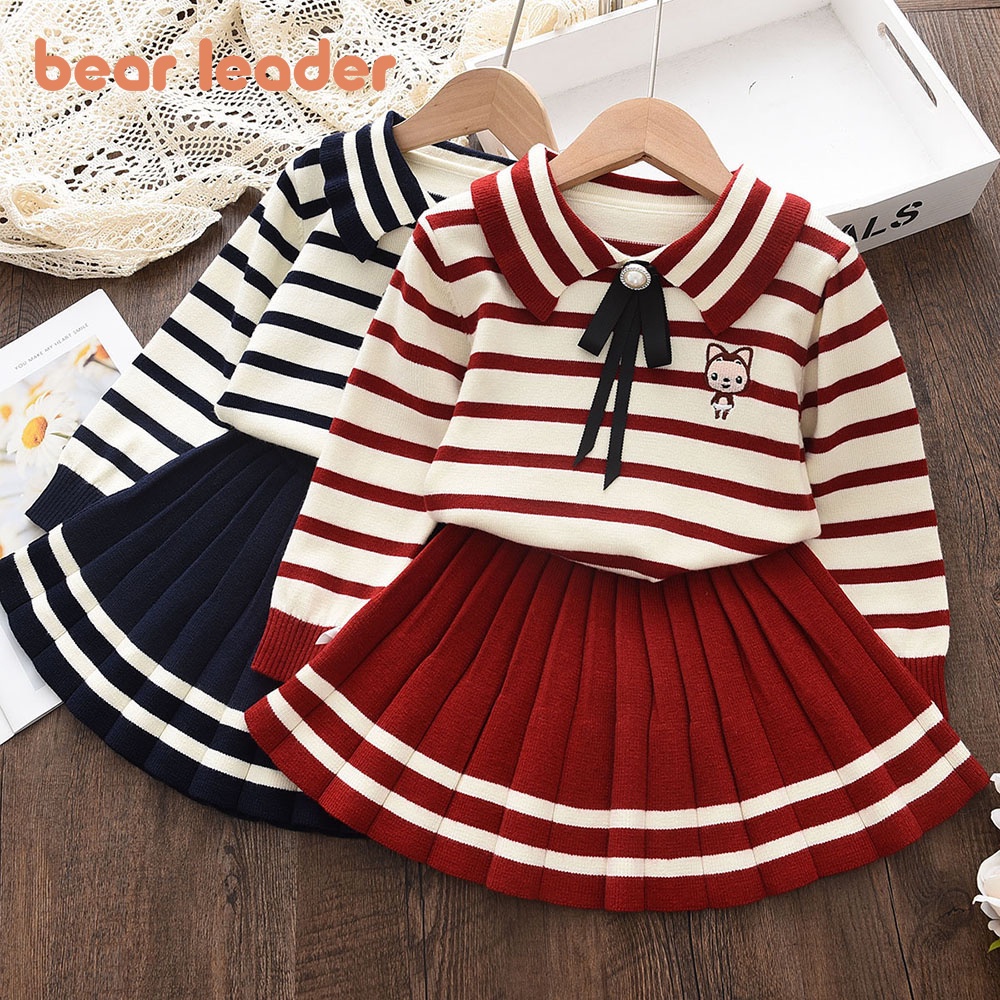 Set đồ BEAR LEADER gồm áo sweater tay dài kẻ sọc ngang kèm chân váy xếp ly thời trang thu đông mới cho bé gái 3-7 tuổi