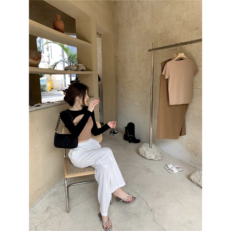 Set áo thun tay dài và áo hai dây ngắn thời trang cao cấp cho nữ