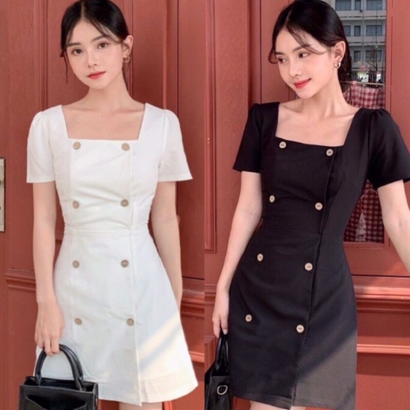 Đầm cổ vuông Faydi Dress BlaPink váy ngắn tay chuẩn form dễ thương màu trắng đen T209