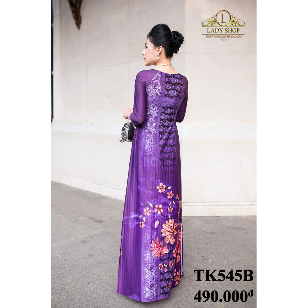 Áo dài quý bà thời trang trung niên cao cấp - LADYSHOP - Áo dài thun tím hoa chân to TK545