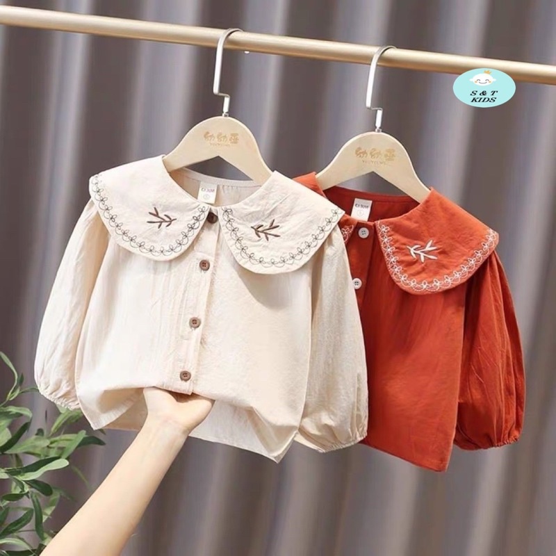 (12-25kg áo sơ mi dài tay cổ bèo cho bé gái vải đũi mềm mát