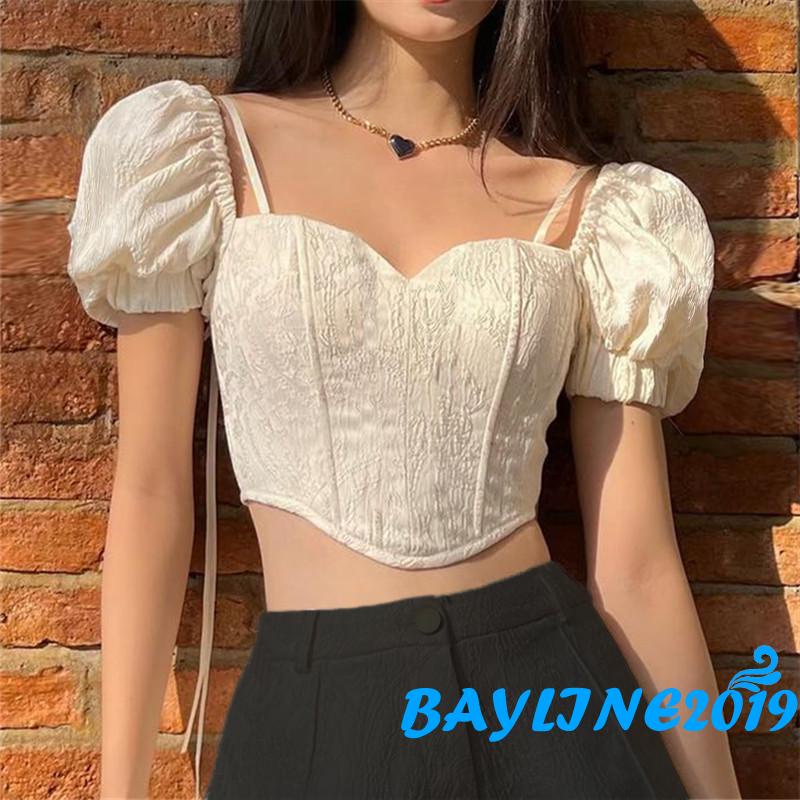Áo Croptop Tay Phồng Ngắn Cổ Buộc Dây Thời Trang Cho Nữ