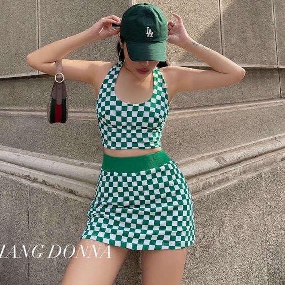 Sét bộ caro áo yếm đẹo cổ croptop phối chân váy chữ A ôm cực xinh , chất thun gân dày dặn mk