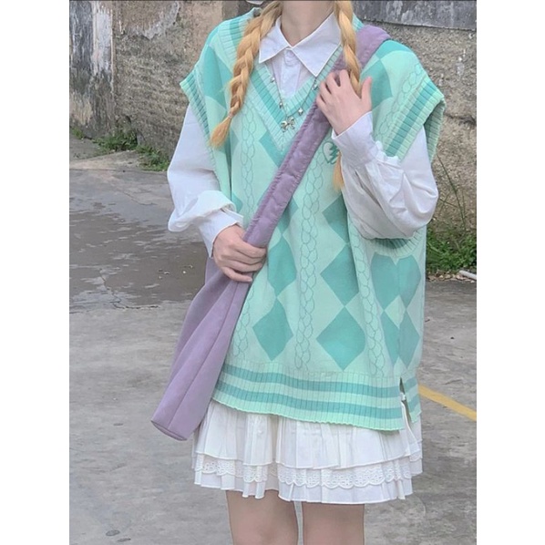 Áo gile len dệt kim hoạ tiết kim cương xanh ulzzang oder taobao