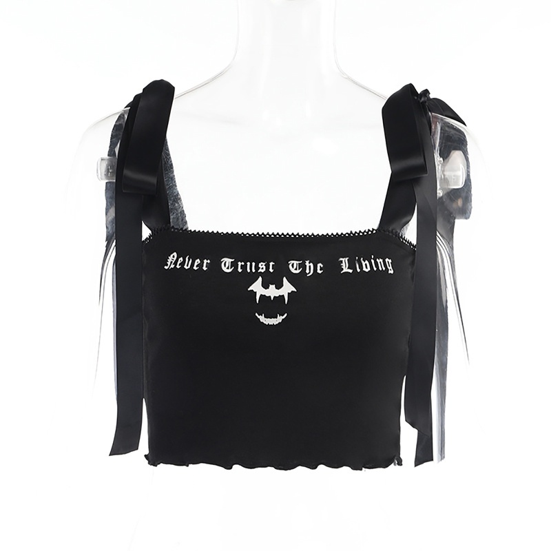 Brroa Áo Crop Top Dây Ruy Băng Buộc In Chữ Ma Cà Rồng Viền Lettuce Hem Cami Cho Nữ