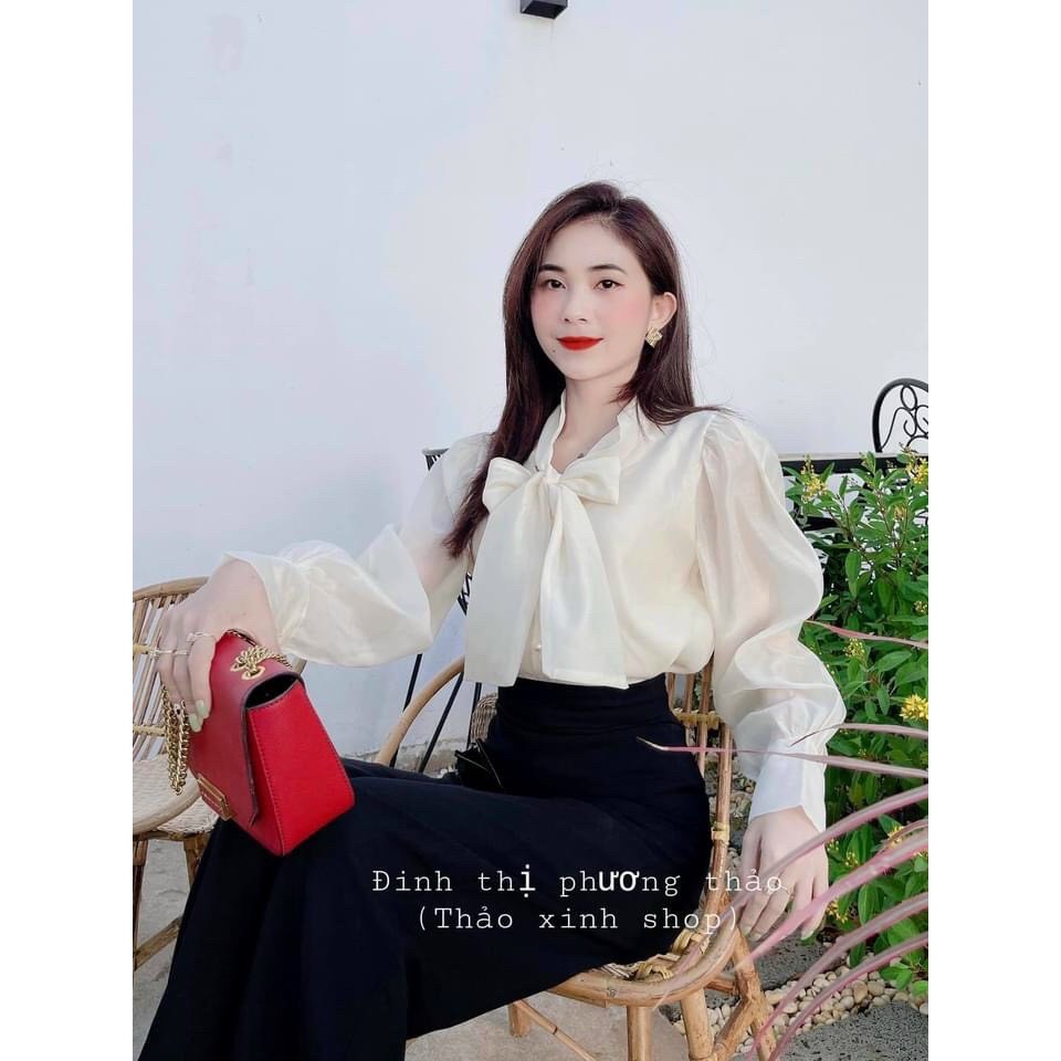 Áo sơ mi cột nơ tay bồng dài- chất voan tơ mềm mịn, mỏng- giá sĩ- ann9399