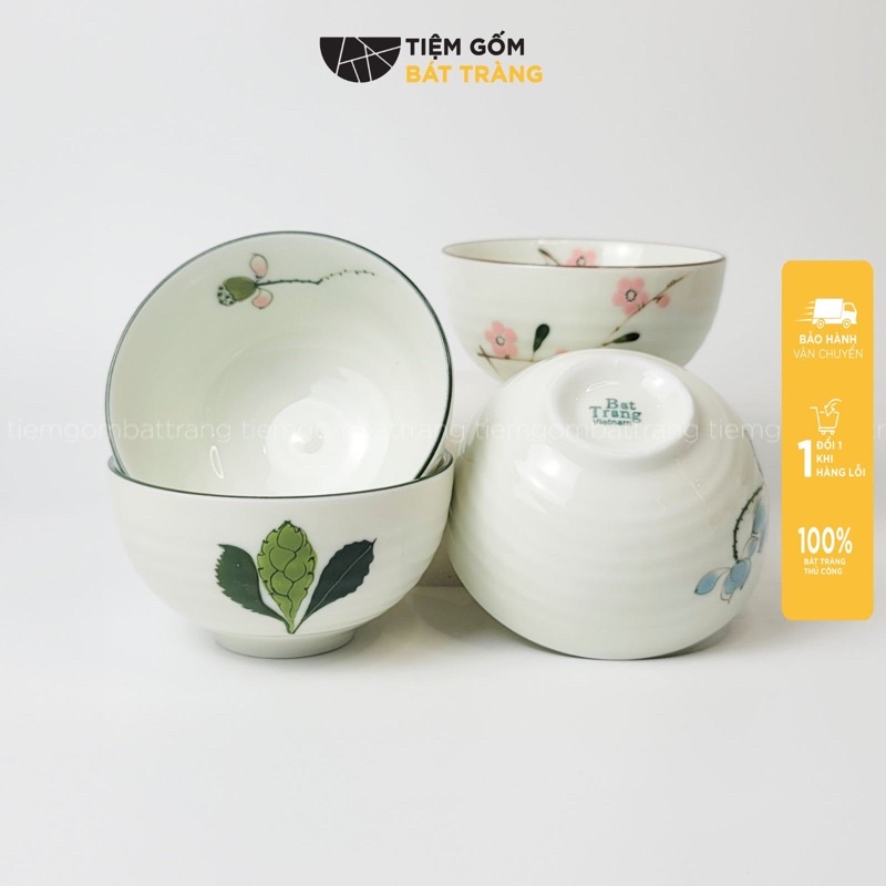 Bát Cơm Chén Ăn Cơm Sứ Bát Tràng Men Kem Hoạ Tiết Vẽ Tay Nhiều Mẫu
