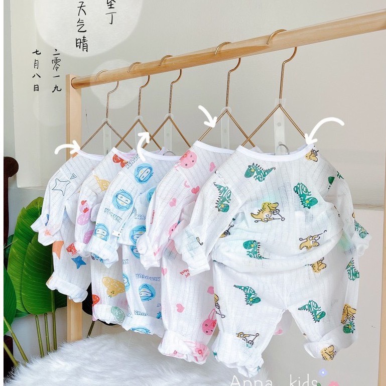 COMBO 5 Bộ Cotton Giấy Dài Tay Khuy Vai Cho Bé Trai Bé Gái 4-14Kg, Bộ Cotton Giấy Dài Tay Họa Tiết Đáng Yêu