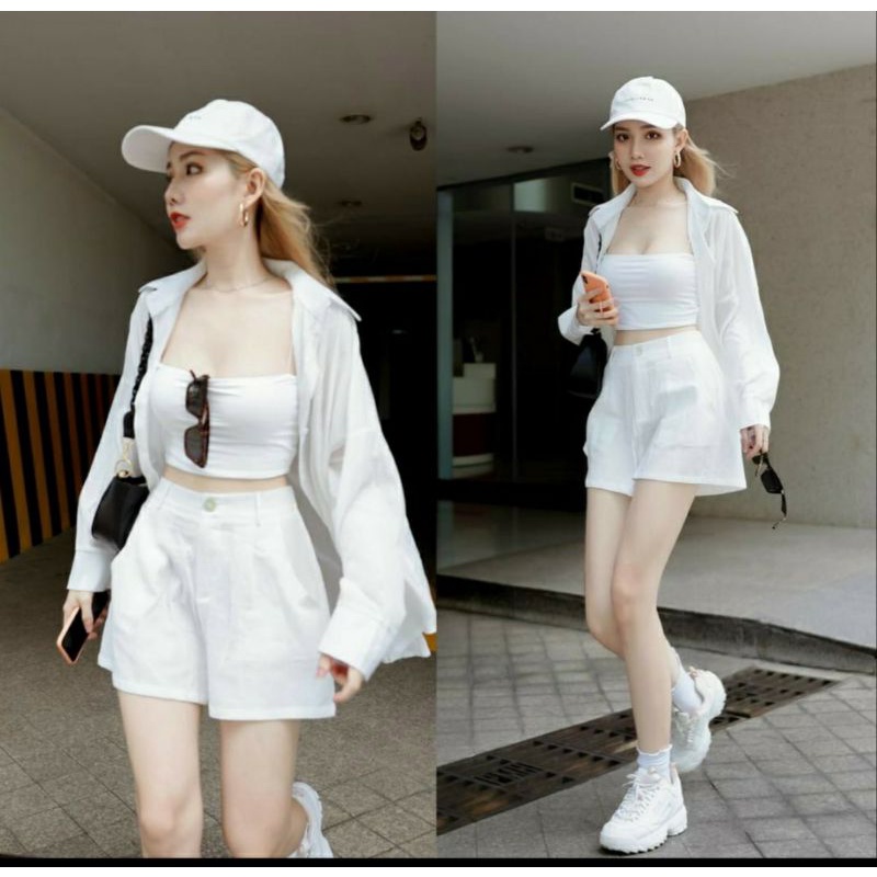 sét áo sơ mi 3 món ( áo sơ mi chất đũi, áo ống bozip, quần short kaki)