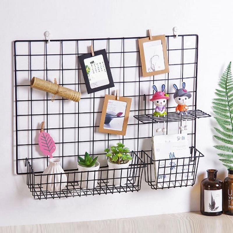 Khung lưới sắt trang trí treo tường decor, giỏ lưới, rổ treo ,thanh để đồ,kẹp gỗ,đèn led kẹp ảnh
