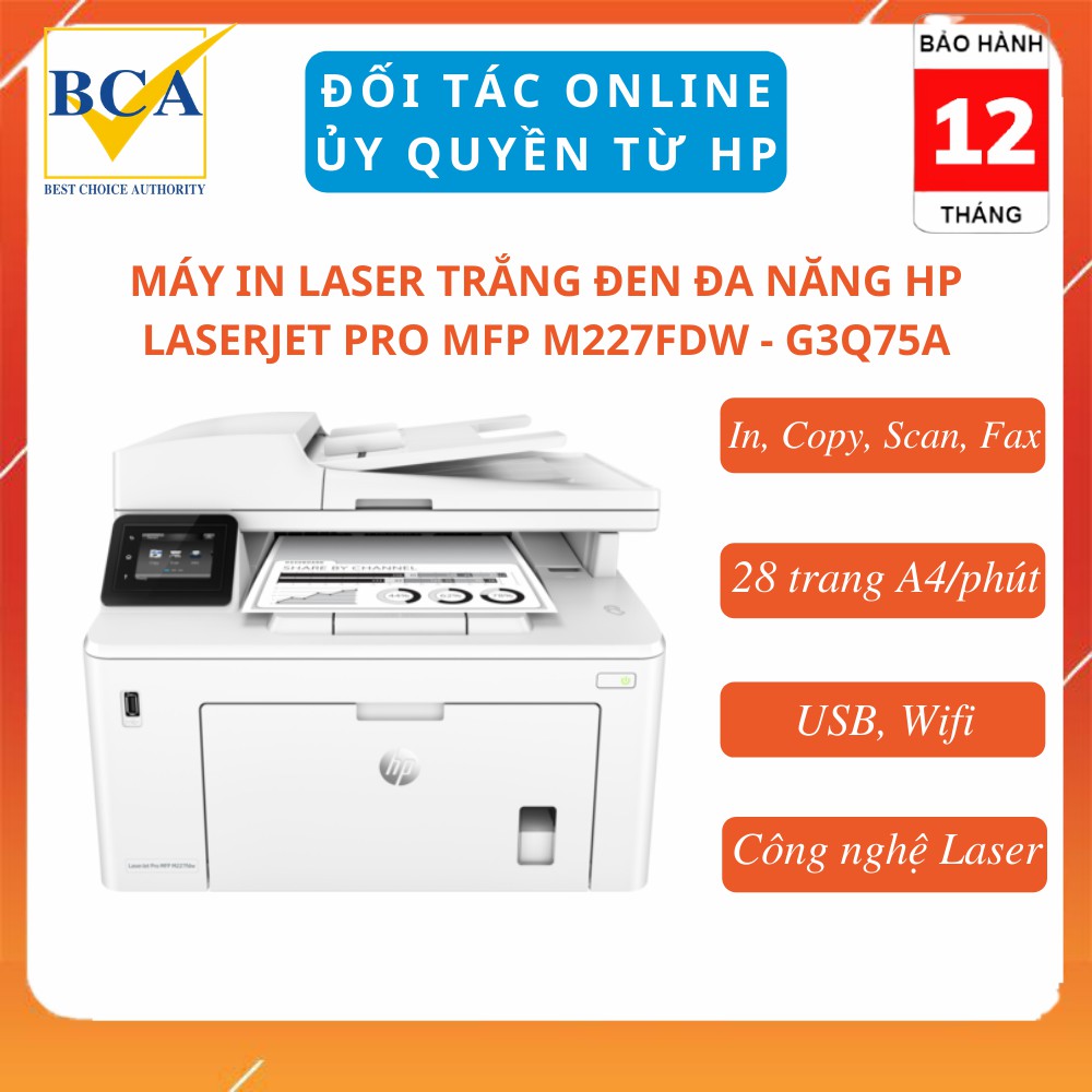 Máy in Laser trắng đen đa năng HP LaserJet Pro MFP M227fdw (In, Copy, Scan, Fax, Wifi) - G3Q75A