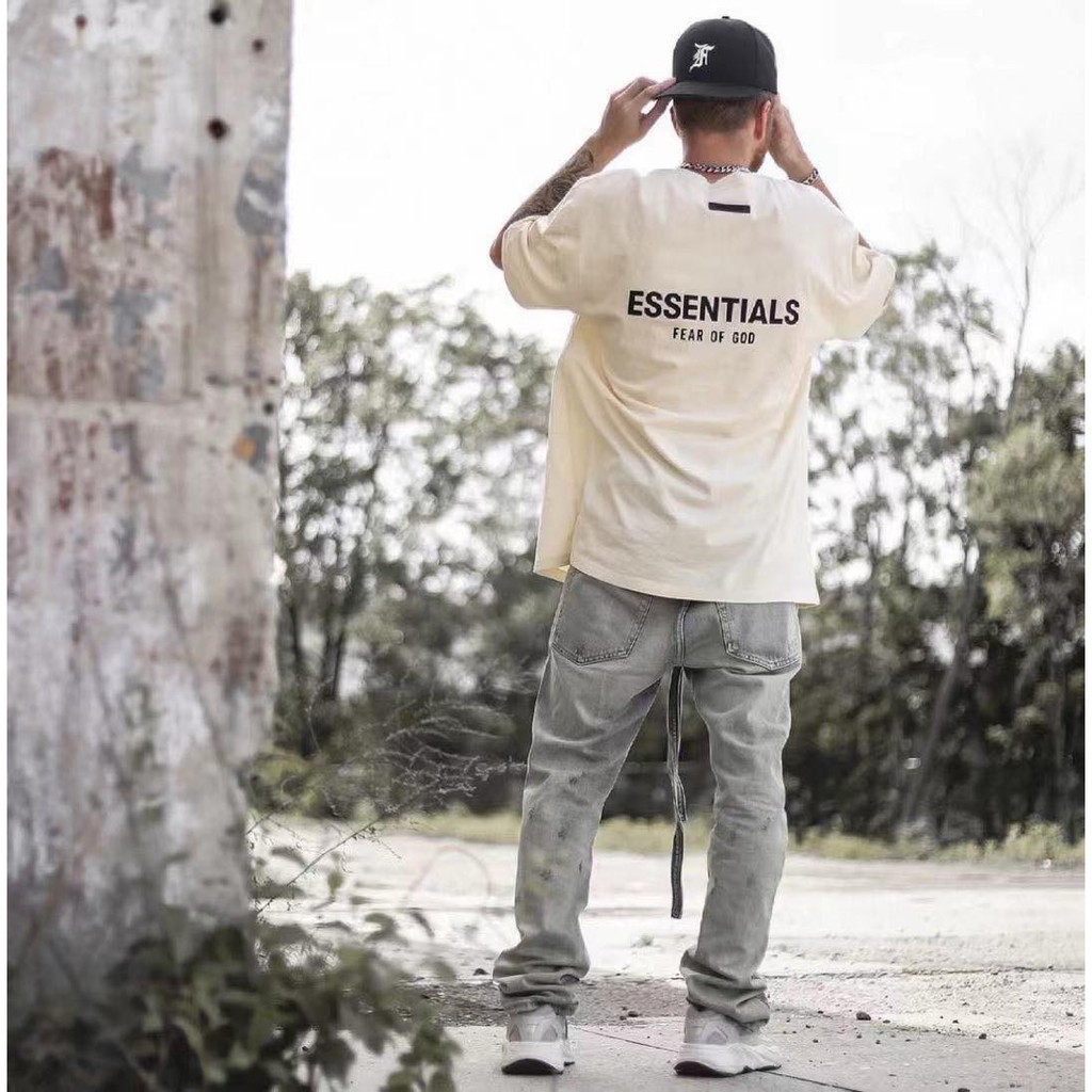 Áo thun cotton chữ in nổi Essentials fear of god tag cao su , áo T Shirt tay lỡ nam nữ unisex over size , Cocmer_vn