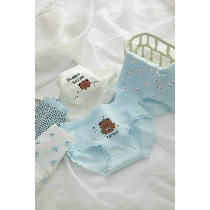 Quần Lót Nữ ❤️ Quần Cotton Nữ Viền Phối Hình Gấu Xanh Điệu Đà Tôn Dáng_Mã 8039