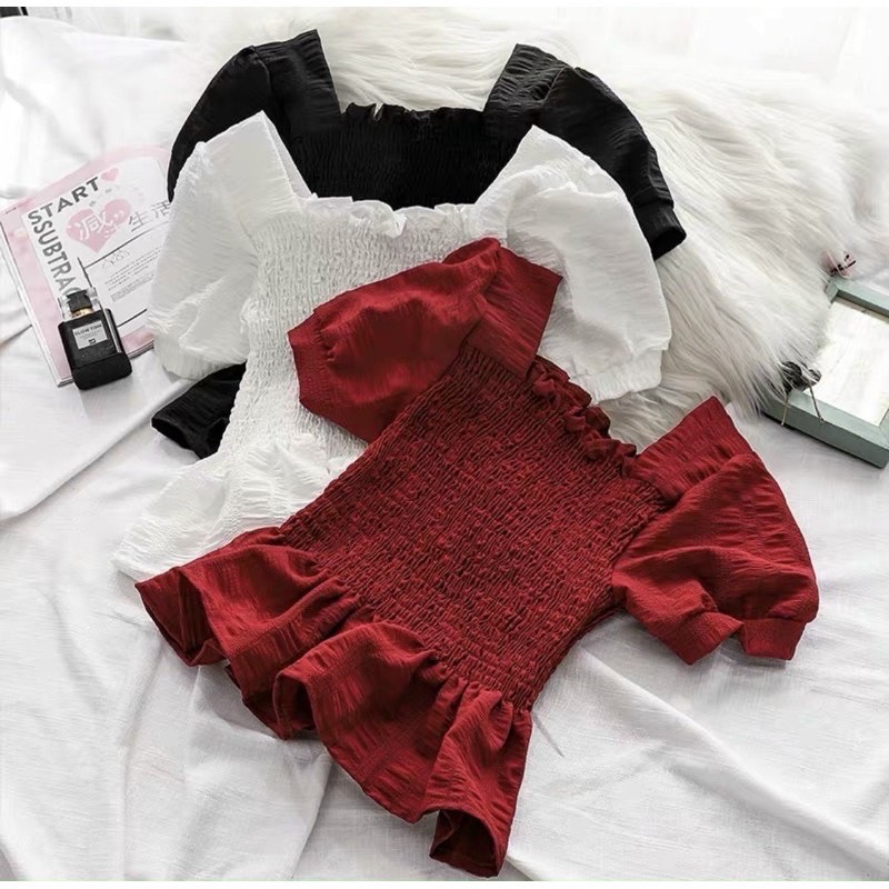 Áo nhún cổ vuông tay ngắn vải đũi - B0U