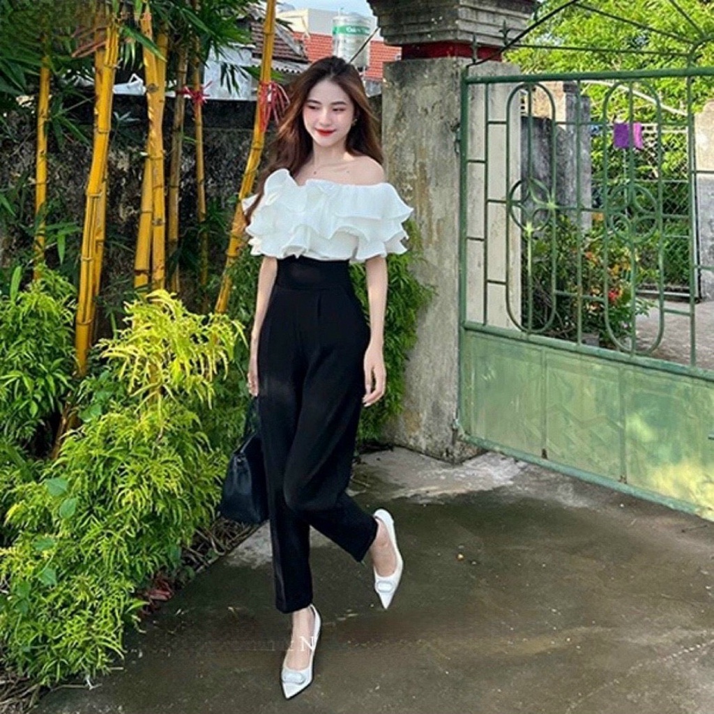 Quần tây Baggy nữ lưng cao cạp V, Quần Baggy nữ dáng công sở khóa sườn màu đen tuyết mưa cao cấp Okélla