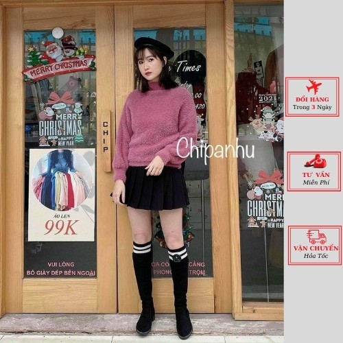 Áo len nữ cổ lọ lông thỏ ulzzang Hàn Quốc phong cách bánh bèo mùa thu đông