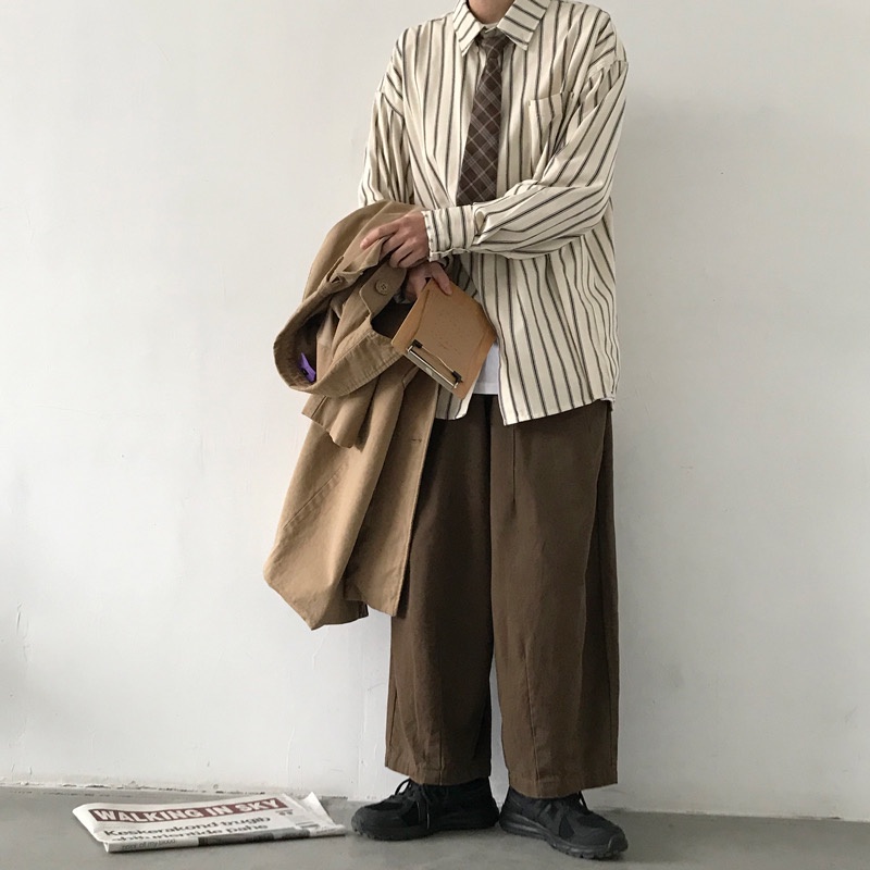 ♞AFF LIGA♞ Áo sơ mi kẻ sọc tay dài có nút phong cách Hàn Quốc thời trang mùa thu mới cho nam