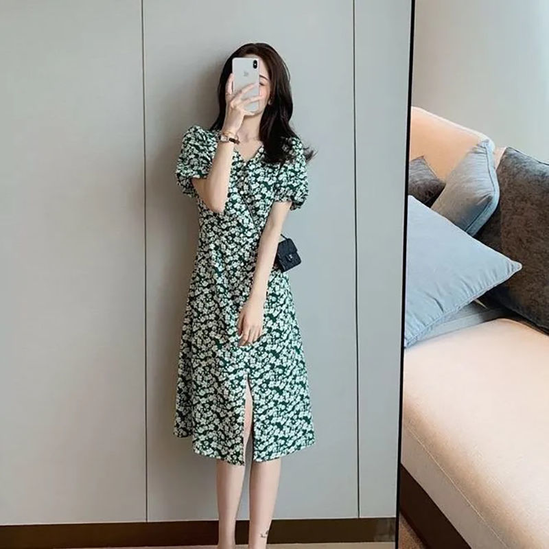 【Ready Stock】 Dress Mỏng Mỏng Ngọt Ngào Tính Khí Mùa Hè Mới Đầm Voan Hoa VCổ Áo aVáy Chữ Break Chia Váy