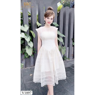 Váy ren kem sát nách V1897 - Đẹp Shop DVC (Kèm ảnh thật trải sàn do shop tự chụp)